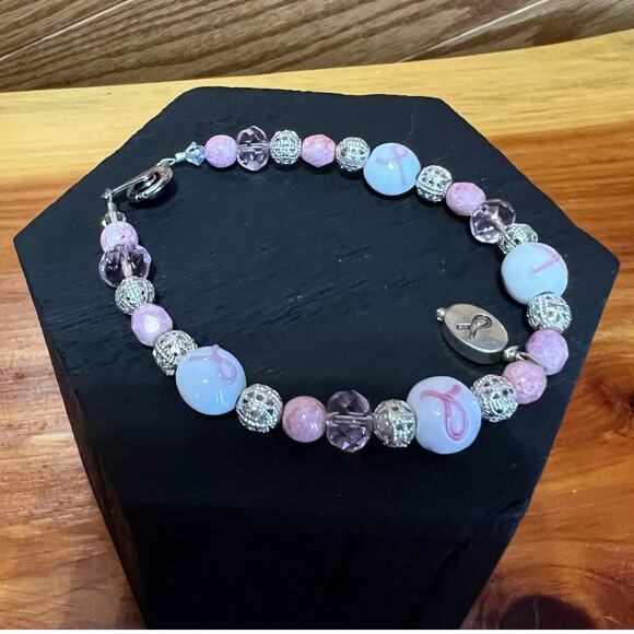 Teng Yue Pink Ribbon Breast Cancer Support Beaded Bracelet White Silver Tone - Picture 2 of 8